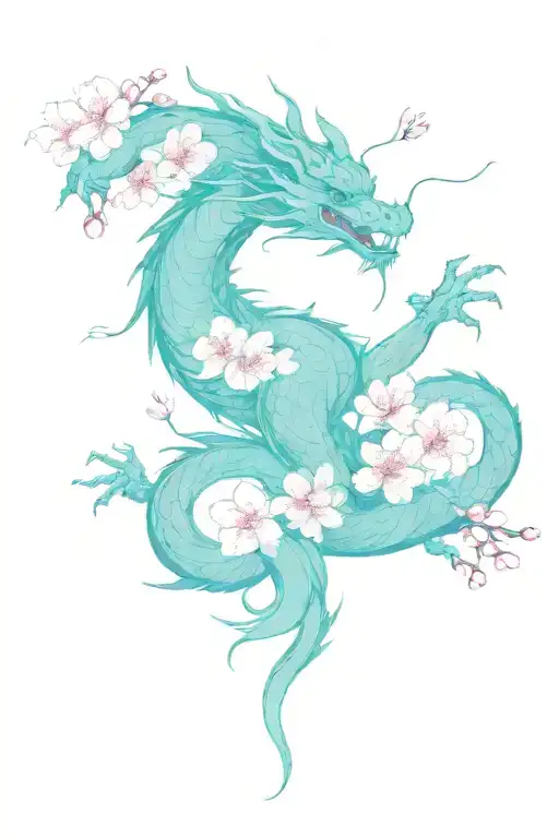 Asian Black Dragon Pink Cherry Blossom Flowers Brush Strokes