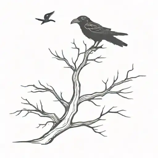 Dead Tree And A Raven Flying