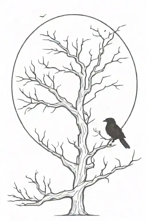 Dead Tree And A Raven Flying