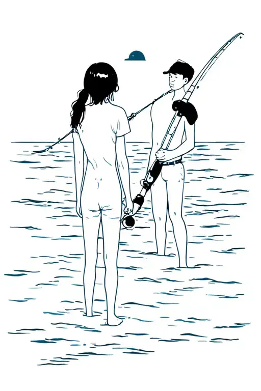 Girl Watching Boy Fishing In The Sea