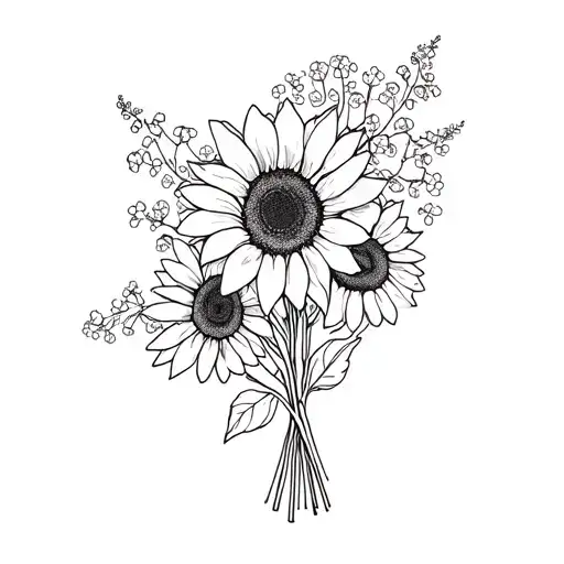 Bouquet With Sunflowers And Baby Breath Flowers Intertwined