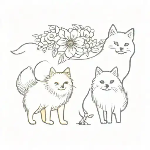 German Spitz Dog And Cat With Flowers