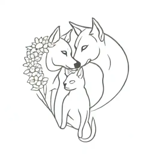 Dog And Cat Looking At Each Other With Bouquets Of Flowers Around