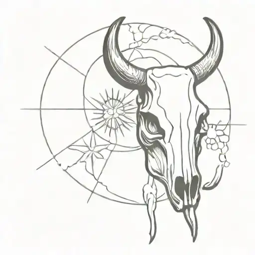 Line Work Of A Bull Skull With Sun Rising Sun