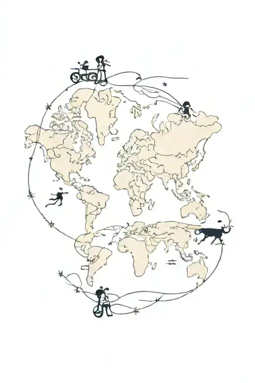 A Whimsical World Map Tattoo With Dancing Figures Representing Different Cultures And Traditions