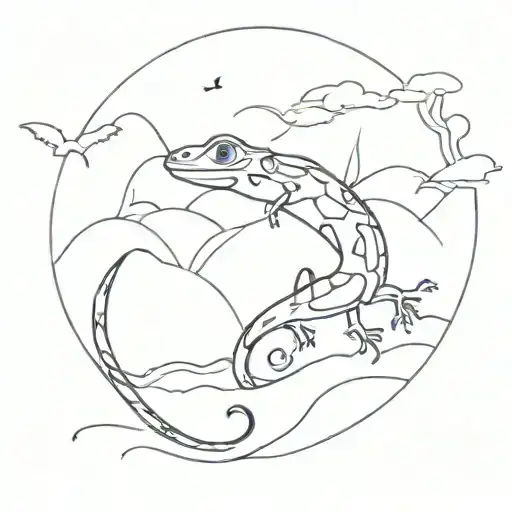 An Abstract Tattoo Design Of A Lizard Blending Into A Vibrant Oil Painting Landscape