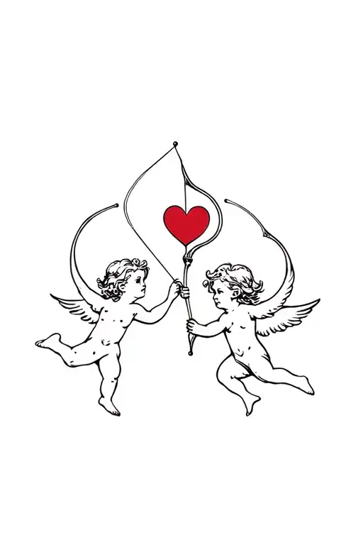 2 Cherubs Flying One Holding Bow And Arrow Other Holding A Heart