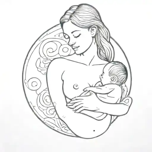 Line Art Of A Baby Breastfeeding With The Letters Z And N Worked Into It