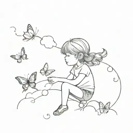 Angle In Clouds Dropping Butterflies And A Little Girl Caches Them