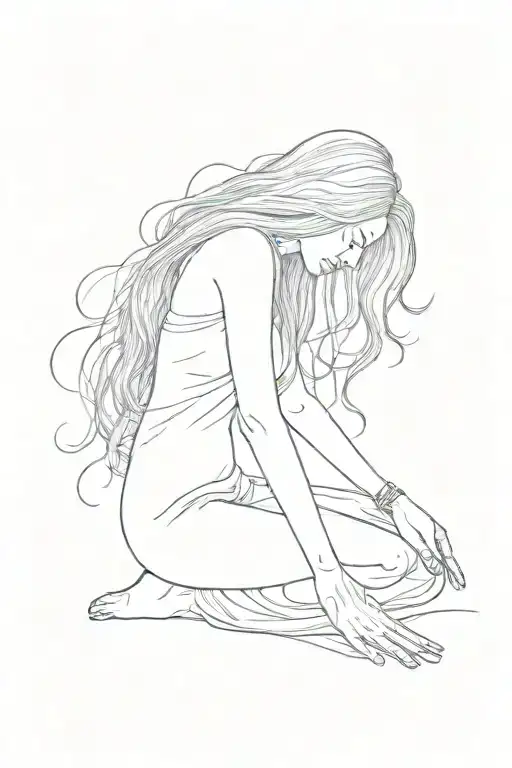 A Woman Begging On Her Knees With Long Hair Bowing Her Head