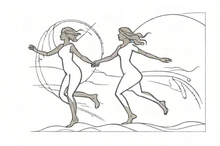 Silhouette Of Two Women Dancing On The Beach As The Sun Rises Behind Them For A Tiny Line