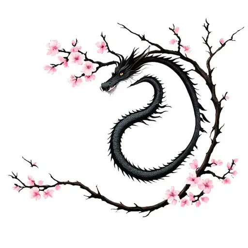 A Long Thin Tattoo Of A Thin Small Japanese Dragon Circling Around And Behind The Sakura Branches