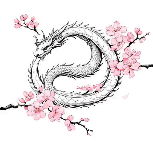 Small Japanese Dragon Spinning Around Sakura Blossom