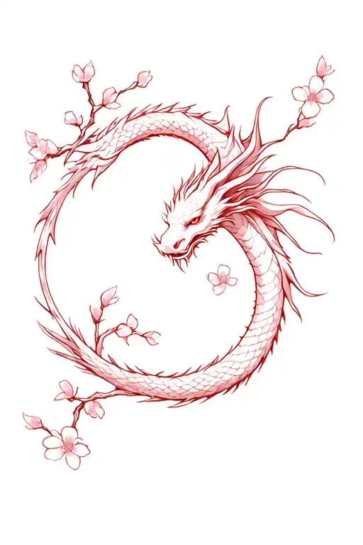 A Small Thin Japanese Dragon Spinning Around Sakura