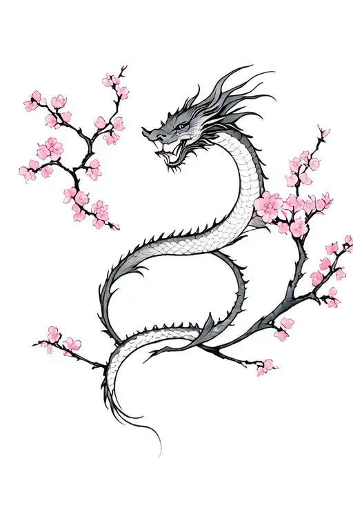 A Small Thin Japanese Dragon Spinning Around And Between Sakura Branches