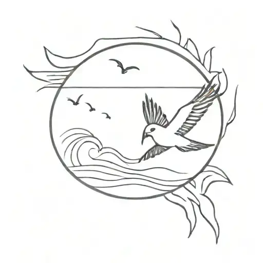 A Minimalist Tattoo Of A Tropical Bird Flying Over A Beach Party