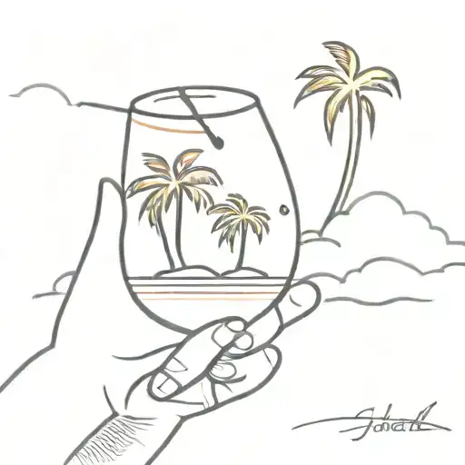 A Minimalist Tattoo Of A Tropical Island Sunset With Palm Trees And A Cocktail In Hand