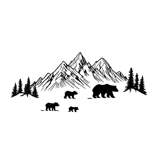 Grand Teton Mountain Range With Mama Bear And 3 Cubs