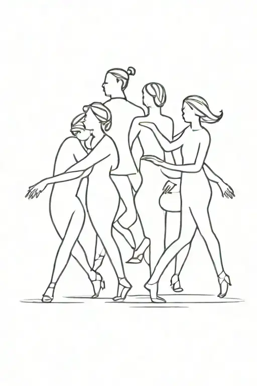 A Minimalist Tattoo Design Of A Silhouette Of A Group Of Siblings Dancing At A Party