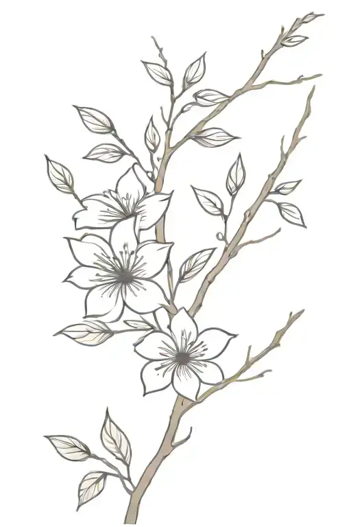 Flowers On A Branch With Leaves And Dry Vine
