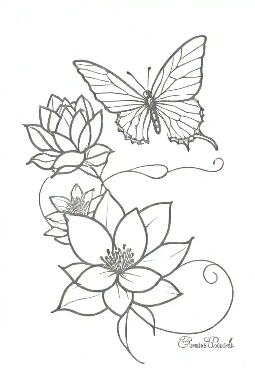 Fine Line Butterfly Tattoo Featuring Lotus Flower