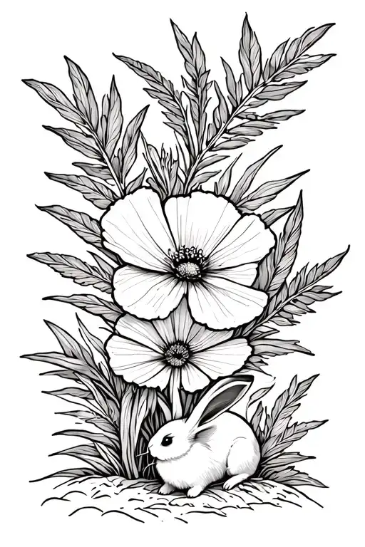 California Poppy Flower With Palm Trees And A Little Bunny