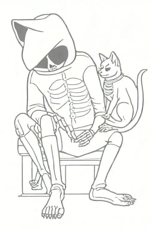 Skeleton Petting A Cat On Its Lap Wearing A Hood