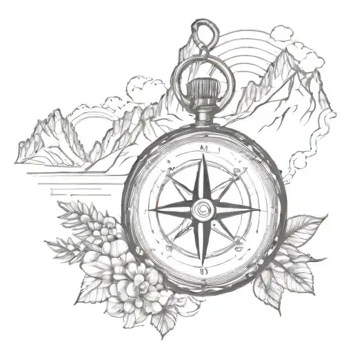 Compass With Rocky Mountains And Hawaiian Waterfall