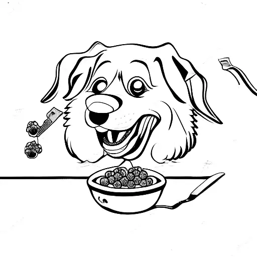 Caricatur Dog Eating Meatball On Plate