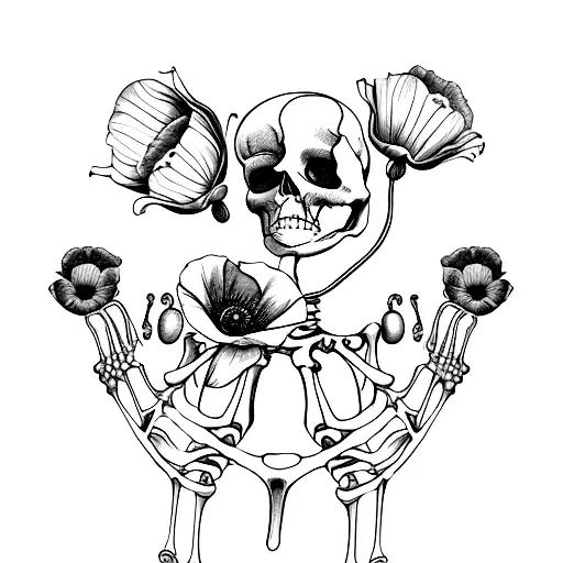 Cupped Skeleton Hands Craddling Poppy Flowers
