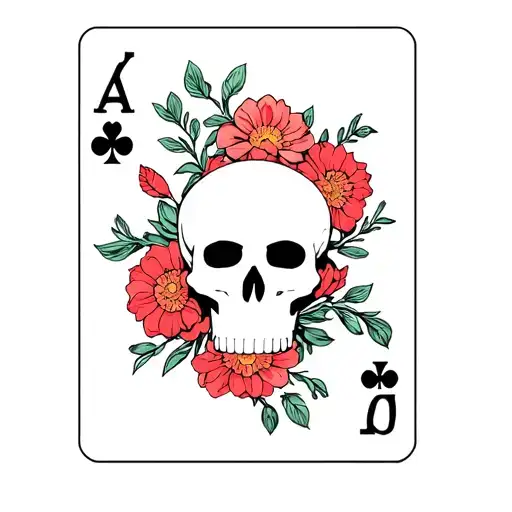 Momento Mori On A Playing Card With Flowers And Skull
