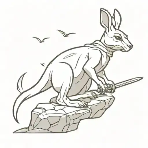 A Meancing Baby Kangaroo Pulling King Arthurs Excalibur Sword Out Of A Stone