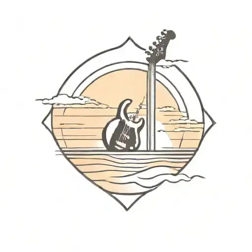 A Minimalist Tattoo Of A Bass Guitar Silhouette With A Sunset Over The Ocean In The Background