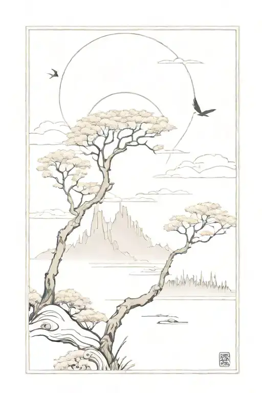 A Nature Scene With Japanese Art Elements And Subtle References To Music