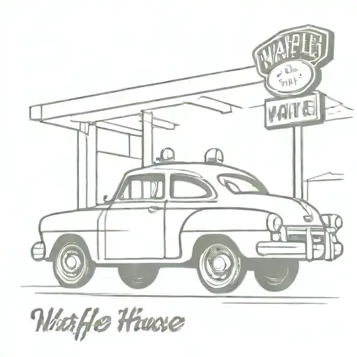 A Sketch Style Tattoo Of A Vintage Car Parked In Front Of A Waffle House Sign
