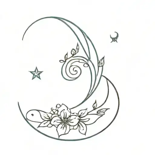 Flowers And Leaves In Spiral With Crescent Moon At End Of Spiral