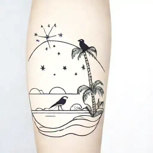 A Beach Scene With A Bird Perched On A Palm Tree Under A Starry Sky