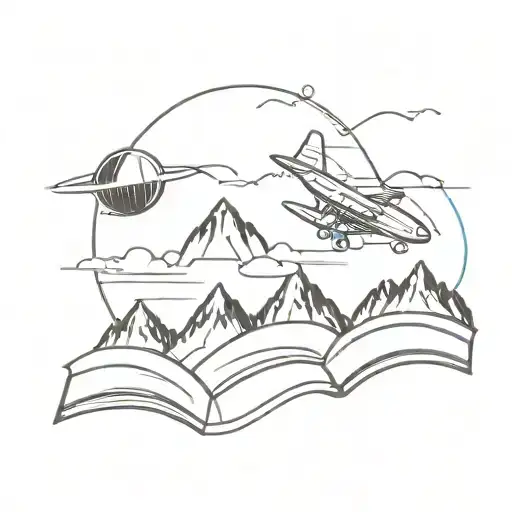 An Airplane Flying Over A Mountain Range With A Book As A Trail In Black-grey Style
