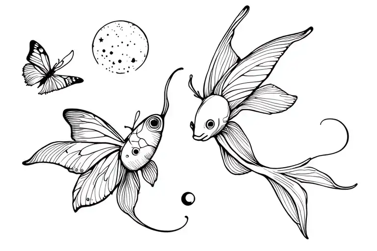 Space Themed Tattoo Featuring Butterfly Koi Fish