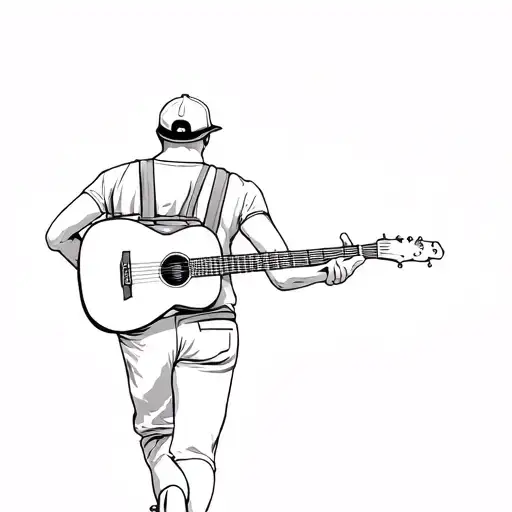 Man Walking Away With Ball Cap And Acoustic Guitar On His Back