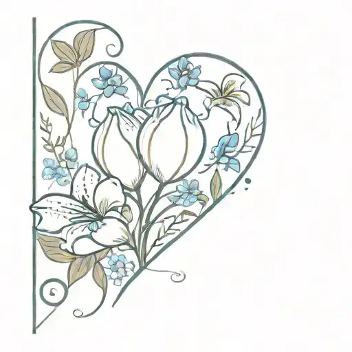 A Minimalist Design Of A Heart Intertwined With Blue Bonnet Flowers And Lily Of The Flower