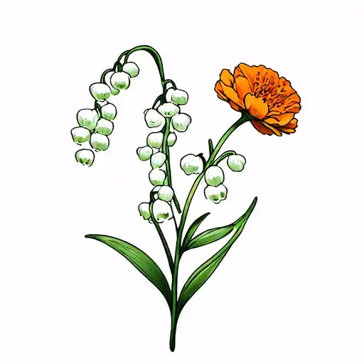 Two Lily Of The Valley Flowers With A Marigold Flower