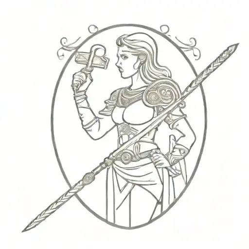 Elegant Female Warrior With A Shield Featuring Ancient Symbols And A Sword With Ornate Details