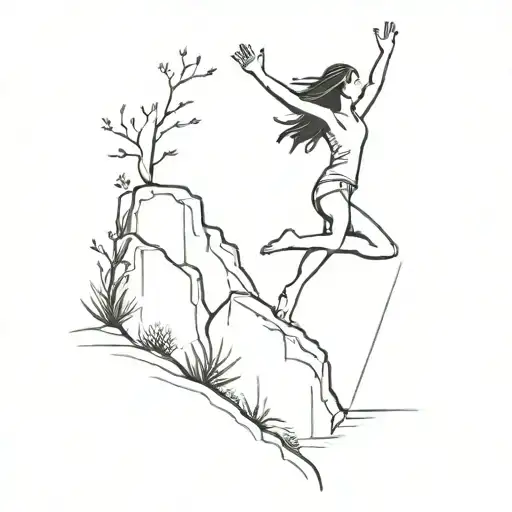 Girl Triumphantly Jumping From Top Of A Cliff Overlooking Water