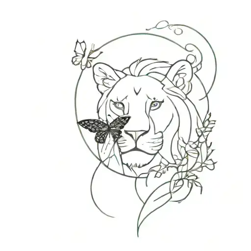 Lion Head And Butterfly And Bird Flying Away With Spiderweb