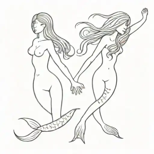 Sister Mermaids Holding Hands