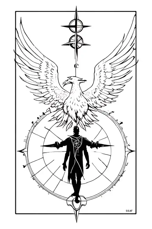 Phoenix With Compass And Scales With Man In Cyberpunk Style