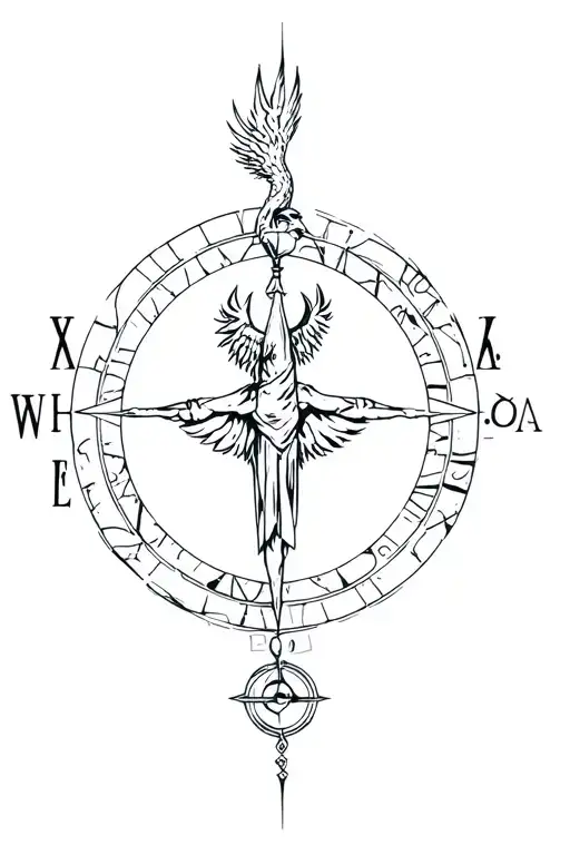 Phoenix With Compass And Scales With Man In Cyberpunk Style