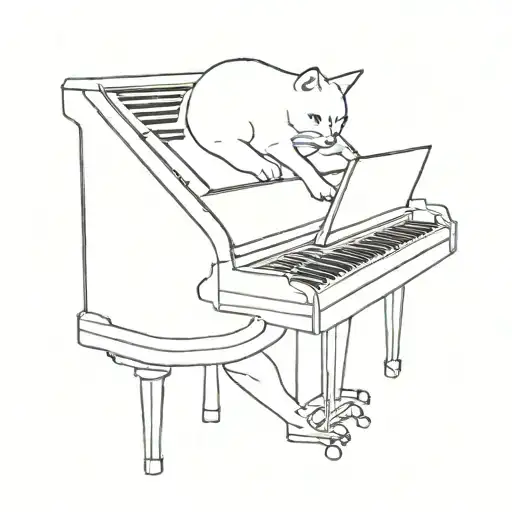 A Minimalist Tattoo Design Of A Cat Playing A Piano