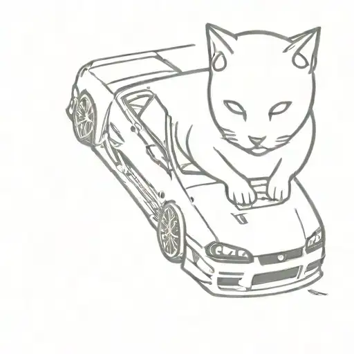 A Cat Sitting Next To A Nissan Skyline Gtr R34 Car